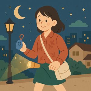 深夜の買い物を安全に楽しむ様子を描いたイラスト