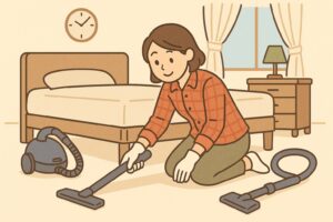 年末の大掃除でベッド下を徹底的に掃除しているイラスト