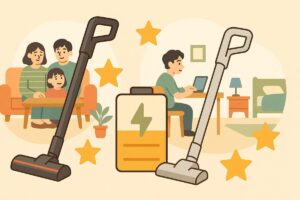 家族で使うEC-SR9と一人暮らしで使うEC-SR8を背景にレビュー星マークで表現したイラスト