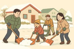雪かきをする家族と地域住民の共同作業シーンのイラスト。