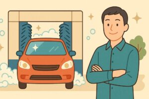 洗車機前で笑顔のドライバーが「エンジンを切って安全に」と意識している様子のイラスト