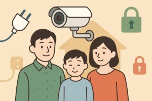 家族と防犯カメラを組み合わせた安心感のあるイラスト