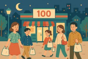 深夜の100均を上手に活用する人々を描いたイラスト
