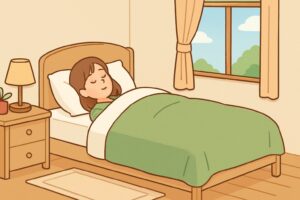 清潔な寝室で快適に眠る人物を描いたイラスト