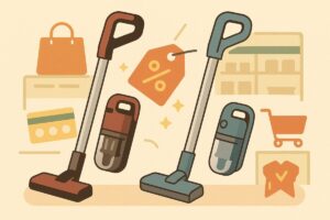 家電量販店や通販サイトをイメージした背景にEC-SR9とEC-SR8を配置し、割引タグやポイントカードを添えたイラスト