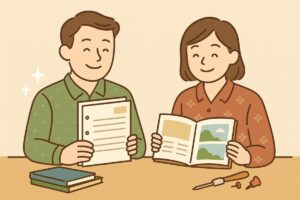 代用品を使って作業が完成し、安心して微笑む人物のイラスト
