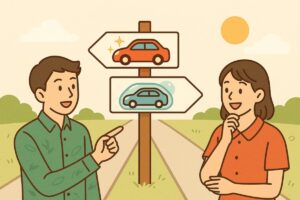 泡ブローワックスと泡ブローコートを選び、自分に合った洗車法を見つけている人物のイラスト