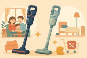 EC-SR9とEC-SR8を比較するシーン。背景にファミリーの部屋と一人暮らしの部屋を対比したイラスト