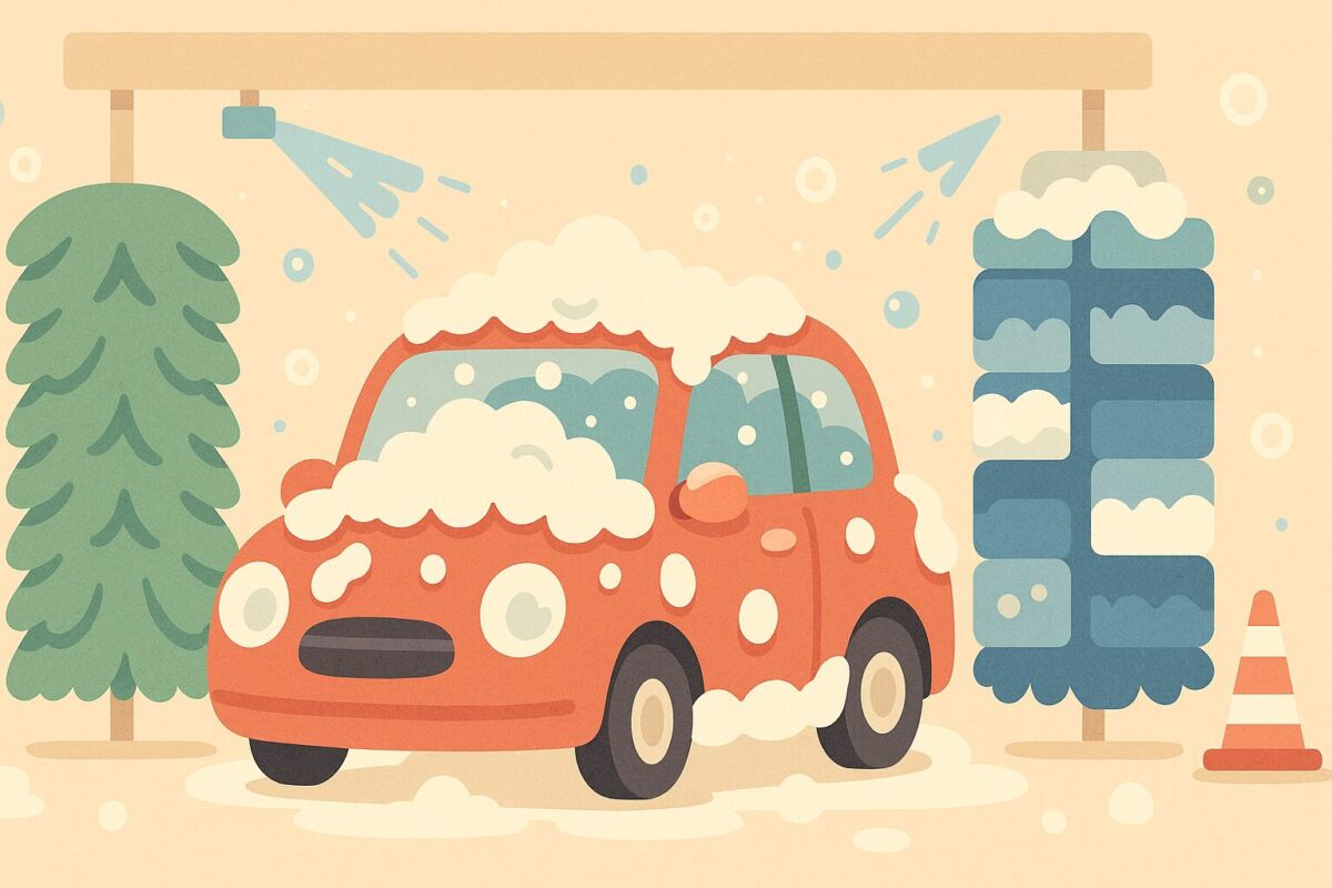 泡たっぷりの洗車機で愛車が洗われている様子を描いた、泡ブローワックスと泡ブローコートの違いをイメージしやすいイラスト