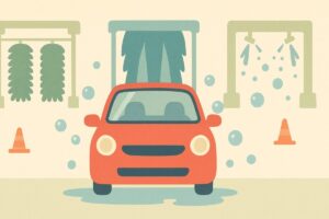 ブラシ式・布式・ノンブラシ式の3種類の洗車機と車を中央に描いた、洗車機の基本タイプが直感的に分かるイラスト