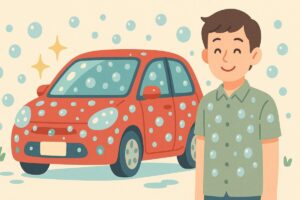 泡ブローワックスでツヤツヤになり水玉がコロコロ弾いている車と、満足そうな若いドライバーを描いたイラスト