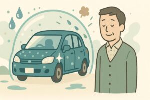 泡ブローコートで保護膜ができた家族用の車から、水滴や汚れが弾かれている様子を表現したイラスト