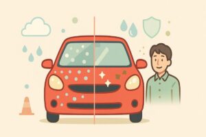 片側がワックス仕上げ、もう片側がコート仕上げになっている車で、ツヤや保護の違いを視覚的に比較したイラスト