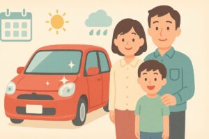 ツヤのある車のそばで家族が笑顔で立ち、背景にカレンダーや天気のアイコンが描かれた、洗車計画とライフスタイルを連想させるイラスト