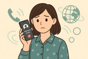 通知不可能の電話を受けて不安そうにしている女性のイラスト