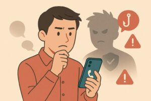 通知不可能の電話に潜むリスクを警戒する男性のイラスト