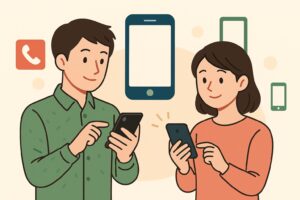 スマートフォンの着信拒否設定を操作する男女のイラスト