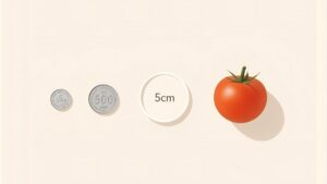 5cmの大きさを500円玉やミニトマトと横並びで比較したイラスト