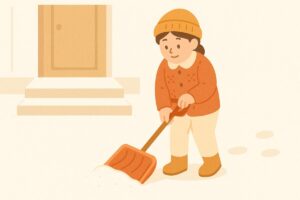玄関前の5cmの薄い積雪を軽く除雪している様子のイラスト