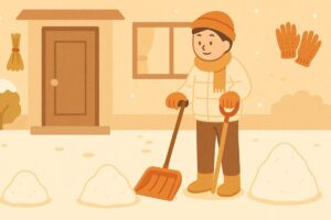 5cm・10cm・15cmの積雪量の違いを見て雪かきタイミングを判断する人物のイラスト