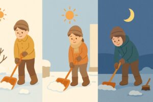 朝・昼・夜で雪かきの状況が変わる様子を3シーンで表したイラスト