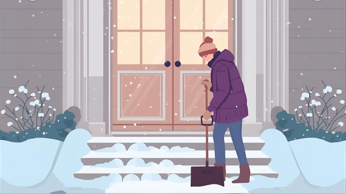 雪かきの最適なタイミングをイメージした冬の玄関前のイラスト