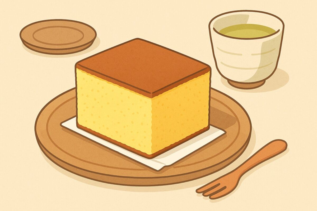 カステラの底紙が付いた切りたてのカステラを明るい木のテーブルに置いたイラスト