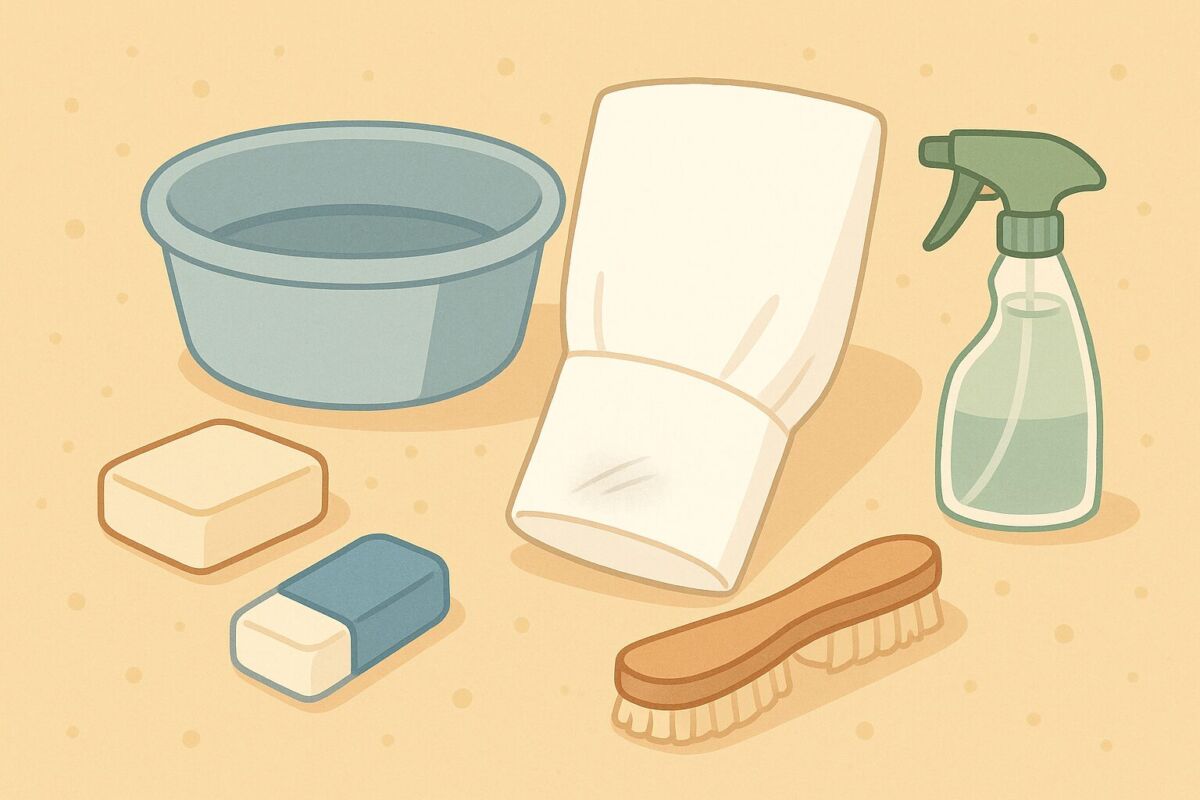 袖口の鉛筆汚れを落とすためのアイテムが並ぶ、優しい色合いのフラットデザインのイラスト