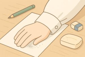 袖口に鉛筆汚れがつく仕組みを説明するための、紙と袖の接触をイメージした優しいイラスト