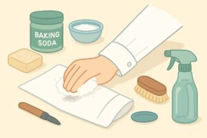 袖口の鉛筆汚れを落とすための石けんや重曹などを並べた説明的イラスト