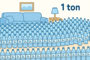 リビングいっぱいに広がる2リットルペットボトル500本のイラスト