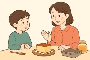 子どもと大人がカステラを見ながら話しているイラスト