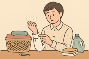 洗濯前の準備として袖口を確認する人物のフラットイラスト