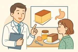 医師がカステラの底紙を例に説明しているイラスト