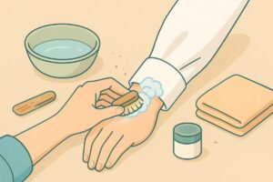 袖口のシミを丁寧に処理する手元の動作を描いたイラスト