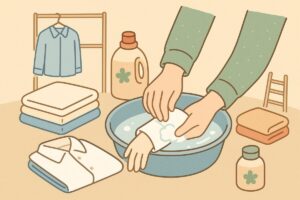 衣類を長持ちさせるための手入れをイメージした柔らかい色のイラスト