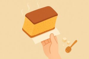 底紙を少しめくったカステラのしっとりした底面を描いたイラスト