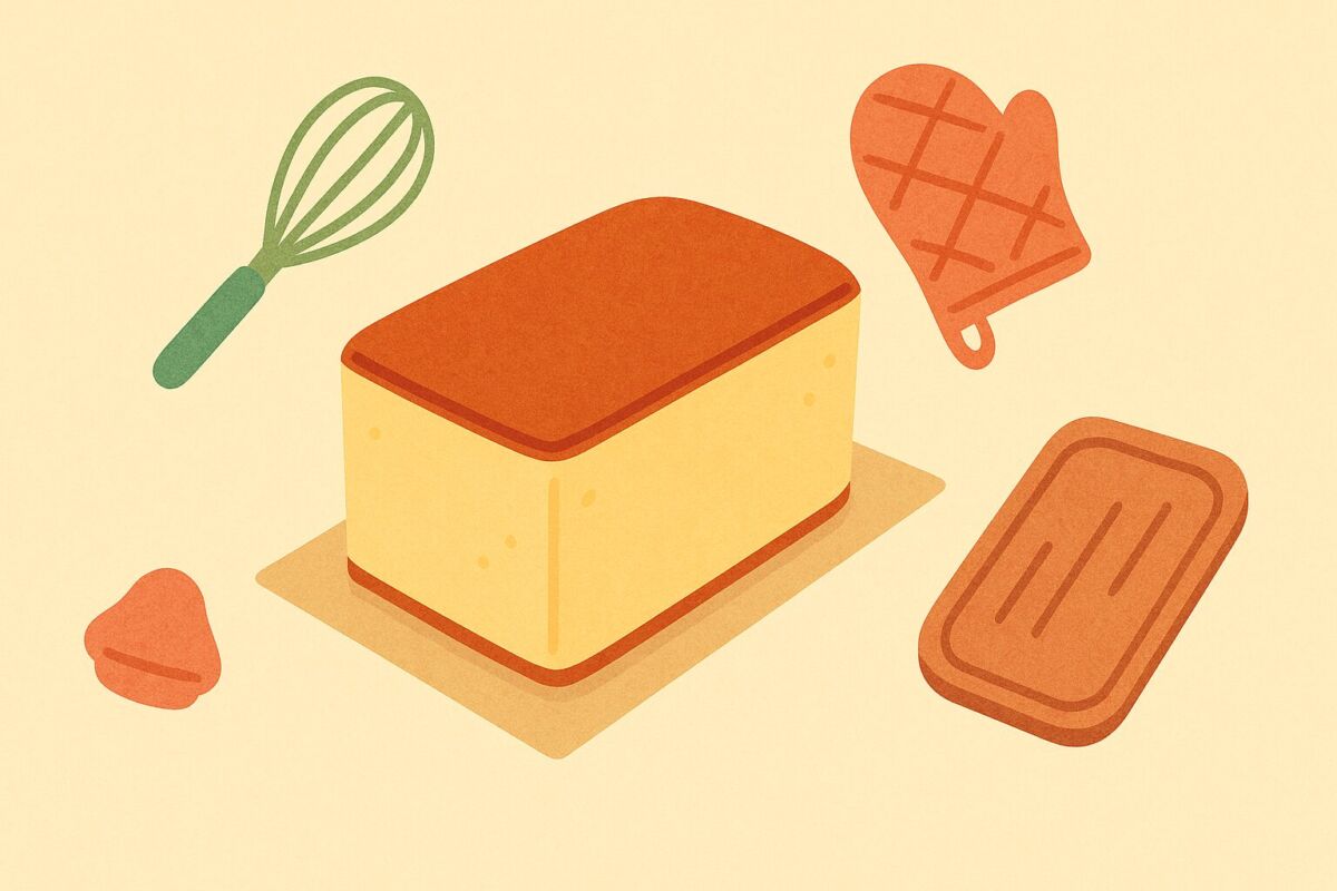 カステラの底紙がついたまま置かれ、周囲に焼き菓子の小物が添えられた親しみやすいイラスト