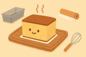 底紙がついたカステラと焼き型が並ぶ、底紙の役割を直感的に示すイラスト