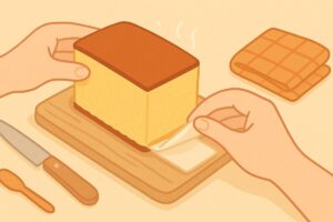 カステラの底紙を横方向にゆっくり剥がす手元のイラスト