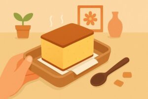 カステラを底紙つきのままカフェ風に提供しているイラスト