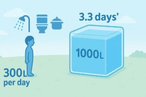 1日の生活用水300Lと水1トン（1000L）を比較したイラスト