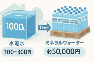 水道水1トンとミネラルウォーター500本の料金差を比較した図