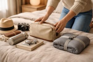 旅行前に腰用クッションを準備している様子