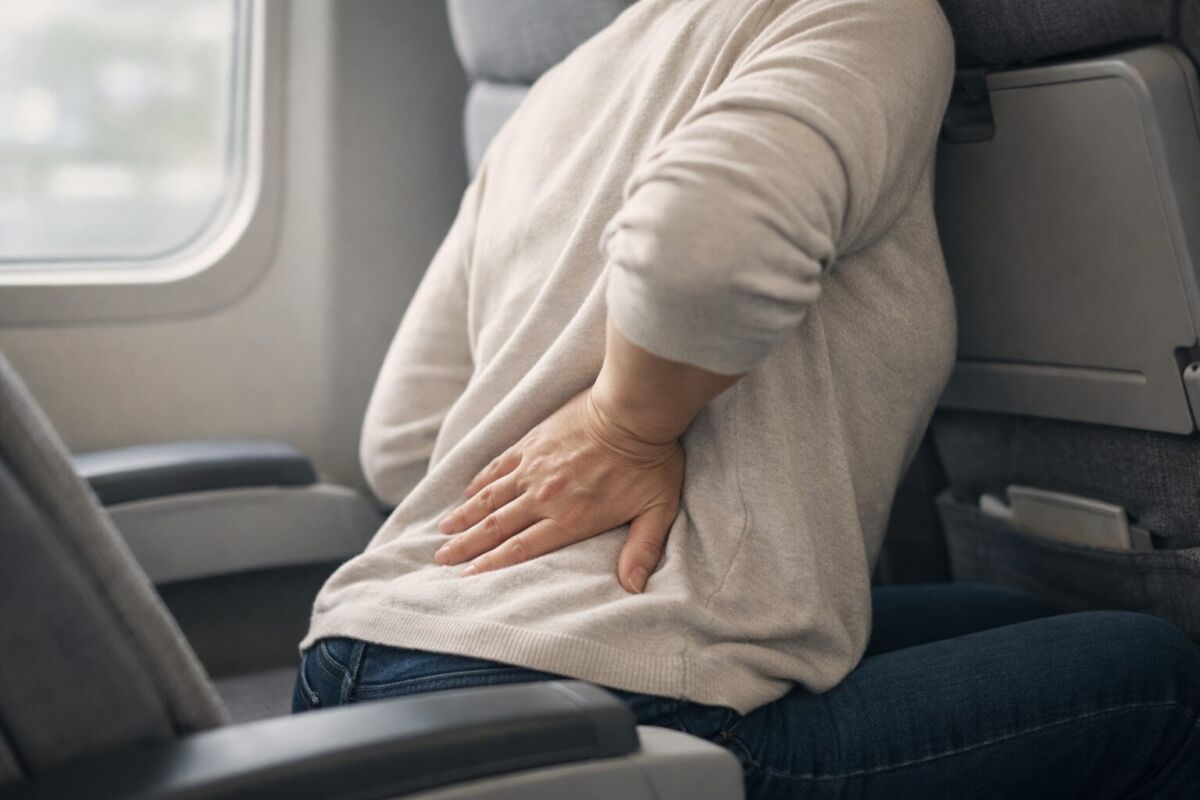 旅行の長時間移動で腰に負担を感じている様子